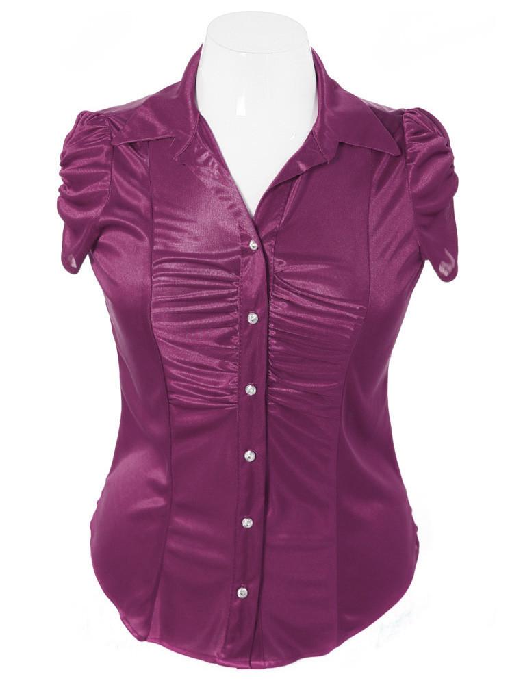 Plus Size Silky Diamond Button Purple Blouse