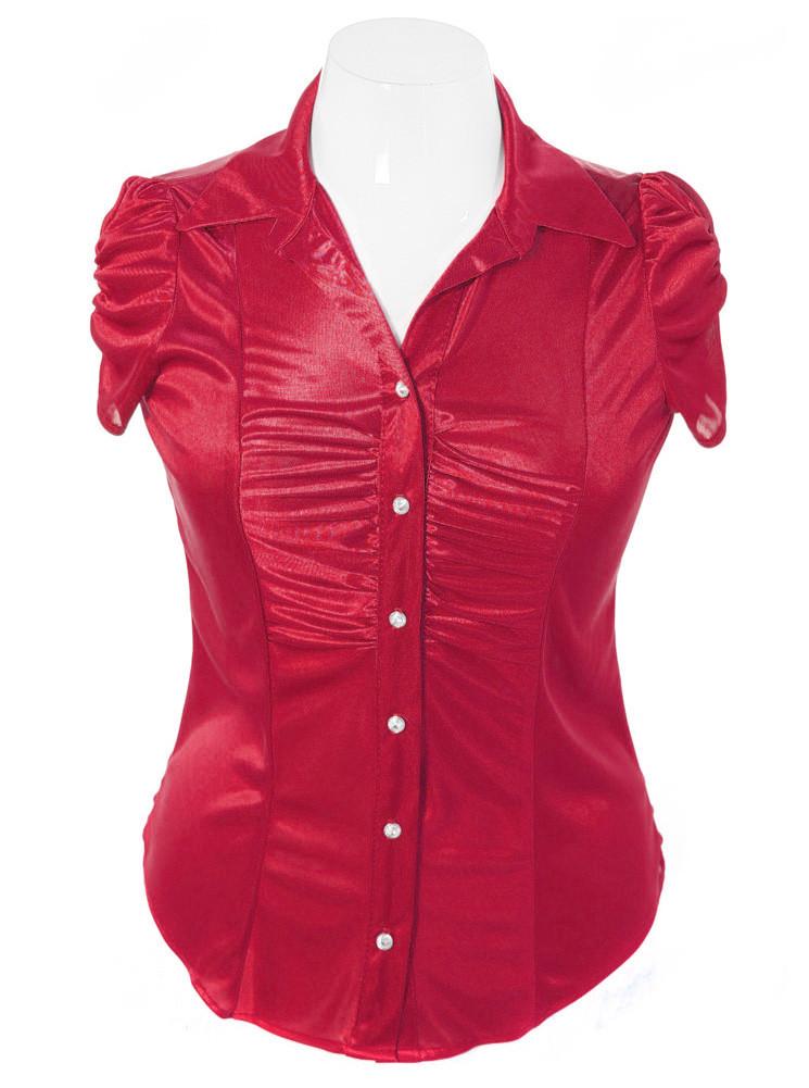 Plus Size Silky Diamond Button Red Blouse