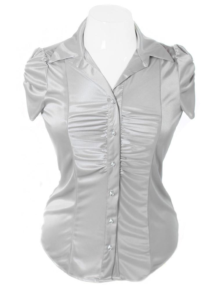 Plus Size Silky Diamond Button Silver Blouse