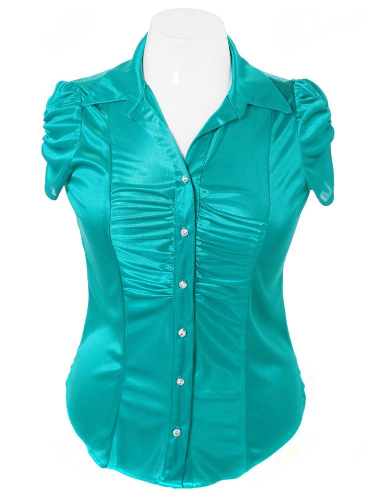 Plus Size Silky Diamond Button Teal Blouse