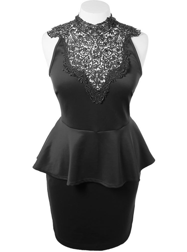 Plus Size Lattice Peplum Black Dress