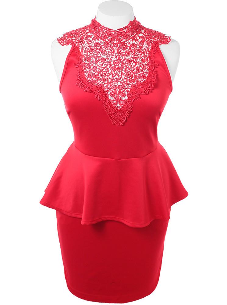 Plus Size Lattice Peplum Red Dress