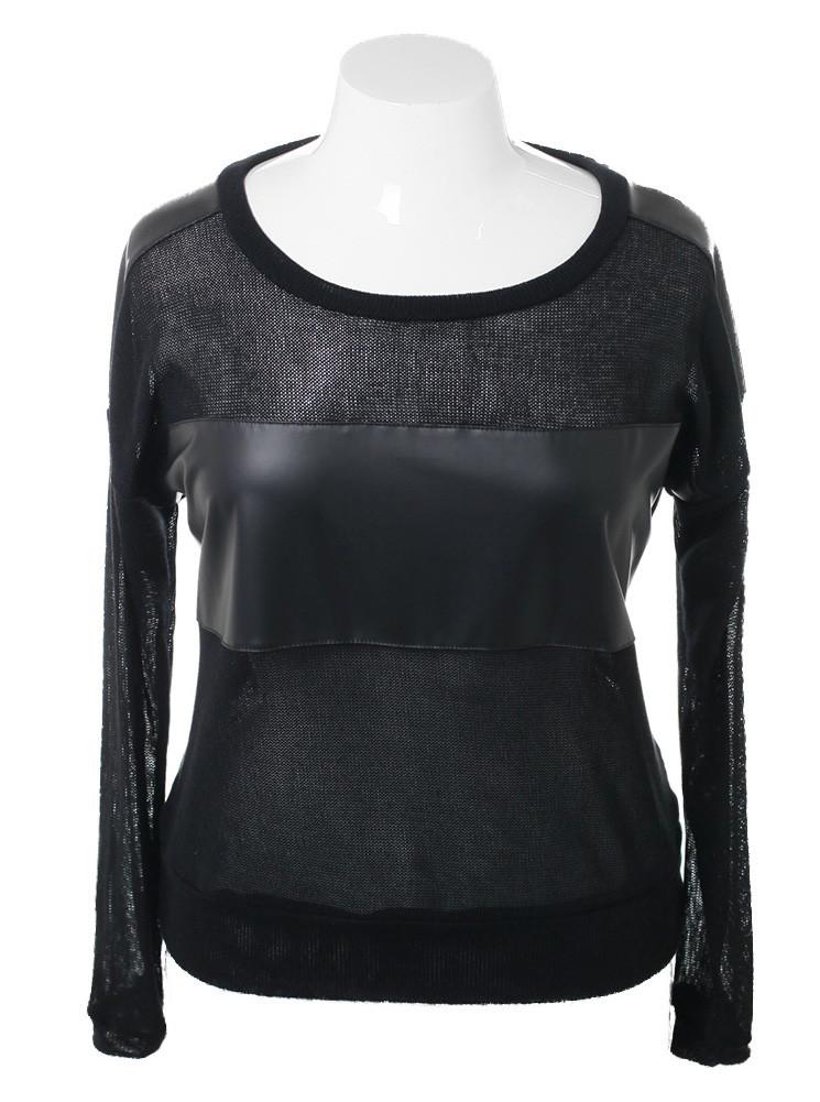 Plus Size Leather Panel Black Knit Top