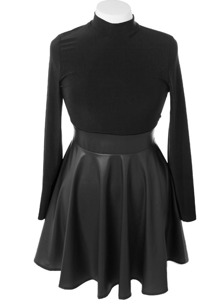 Plus Size Leather Skirt Long Sleeve Black Dress