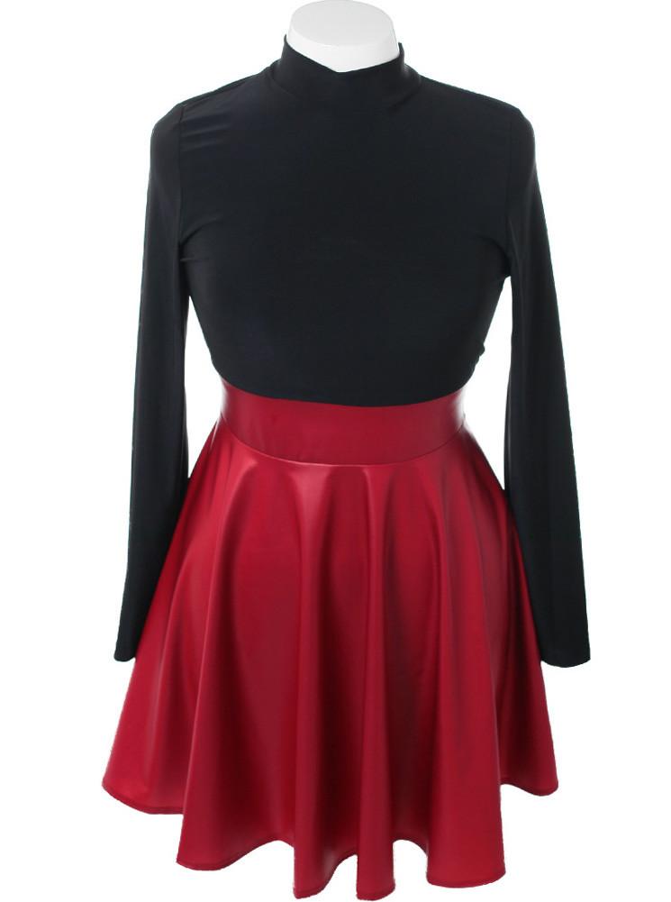 Plus Size Leather Skirt Long Sleeve Red Dress