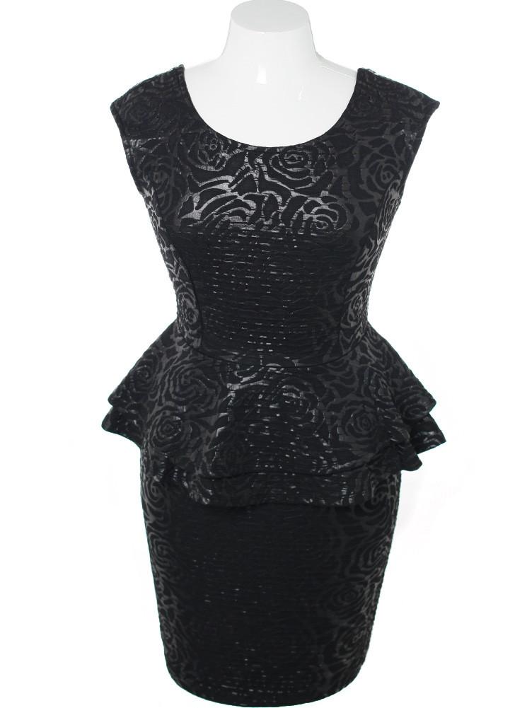 Plus Size Rose Textured Peplum Black Dress