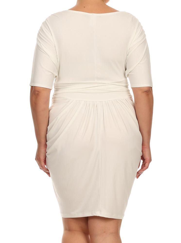 Plus Size Divine V Neck Pleated Off White Dress