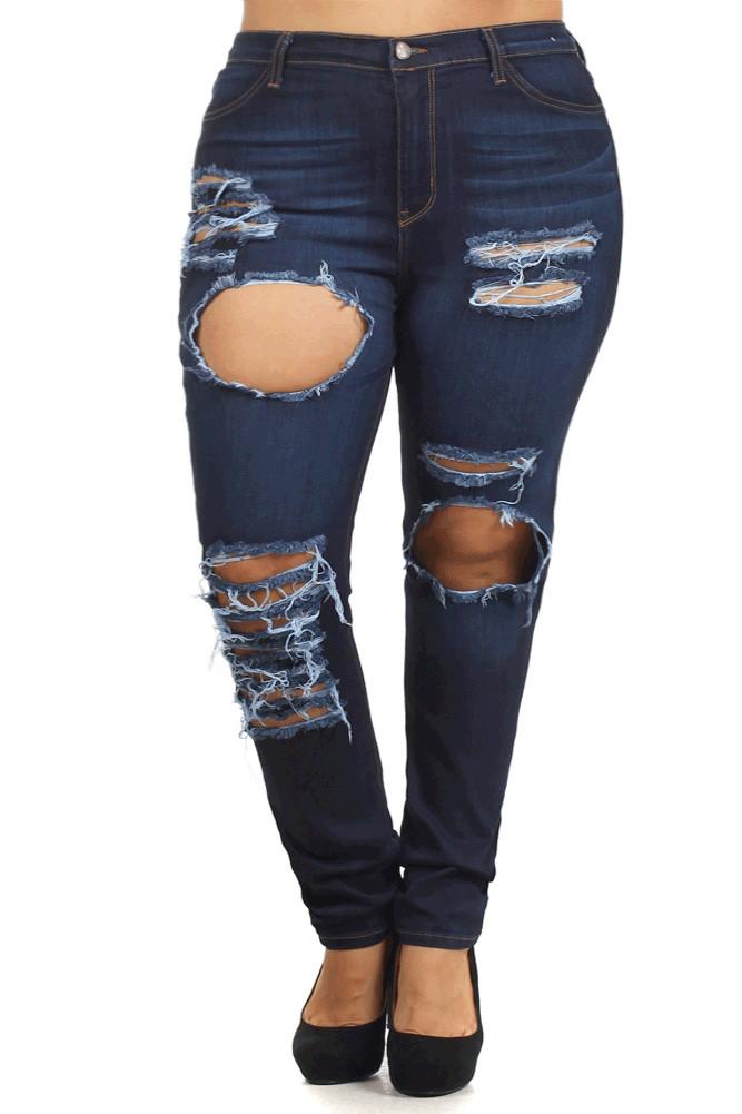 Plus Size Let's Rock High Waist Slashed Denim Jeans