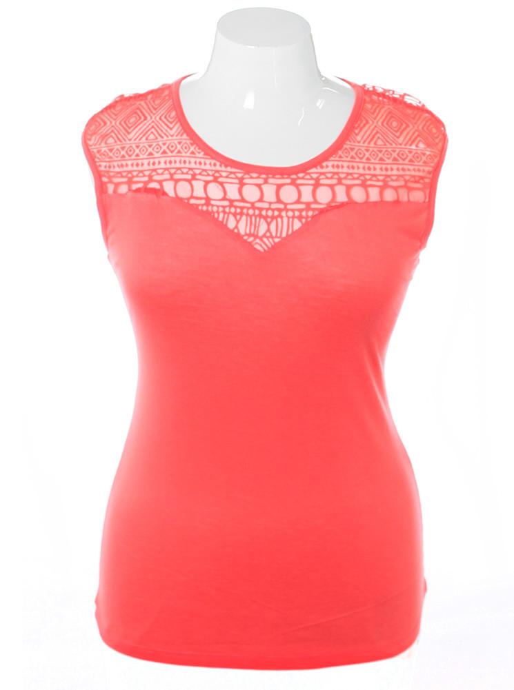 Plus Size Geometric Mesh Print Coral Top