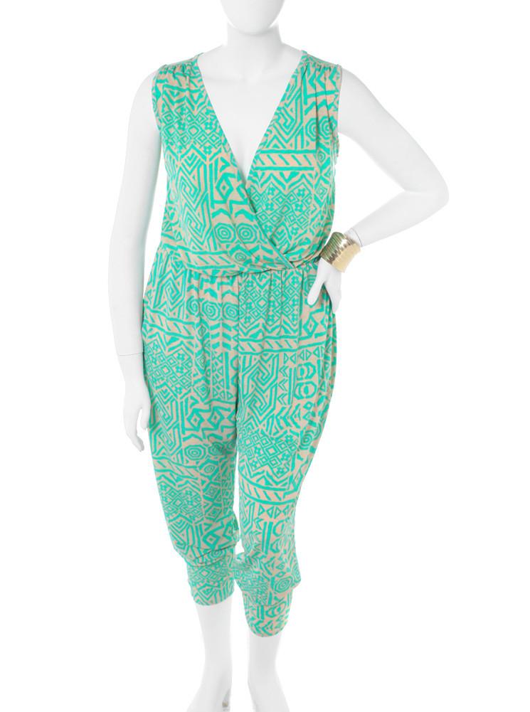 Plus Size Mega Mod Tribal Print Green Jumpsuit