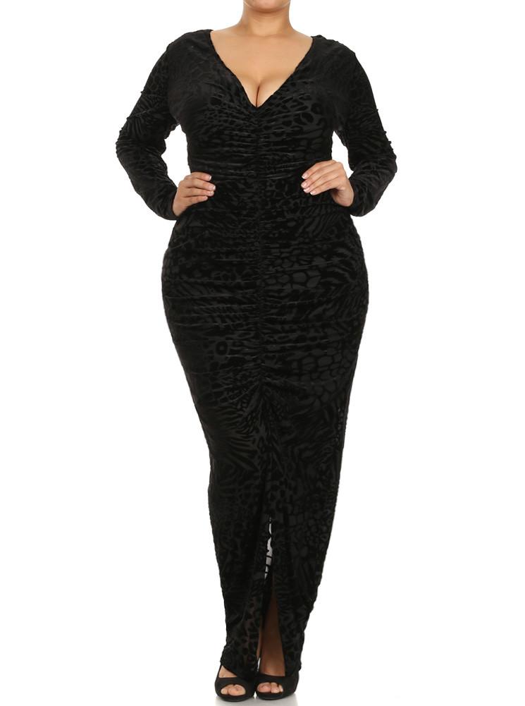 Plus Size Luring Velvet Wild Print Maxi Fish Tail Dress