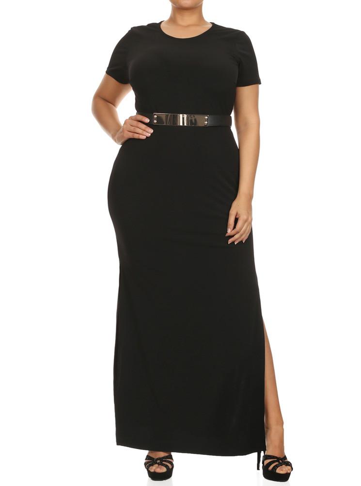 Plus Size Open Slit Cocktail Long Black Dress