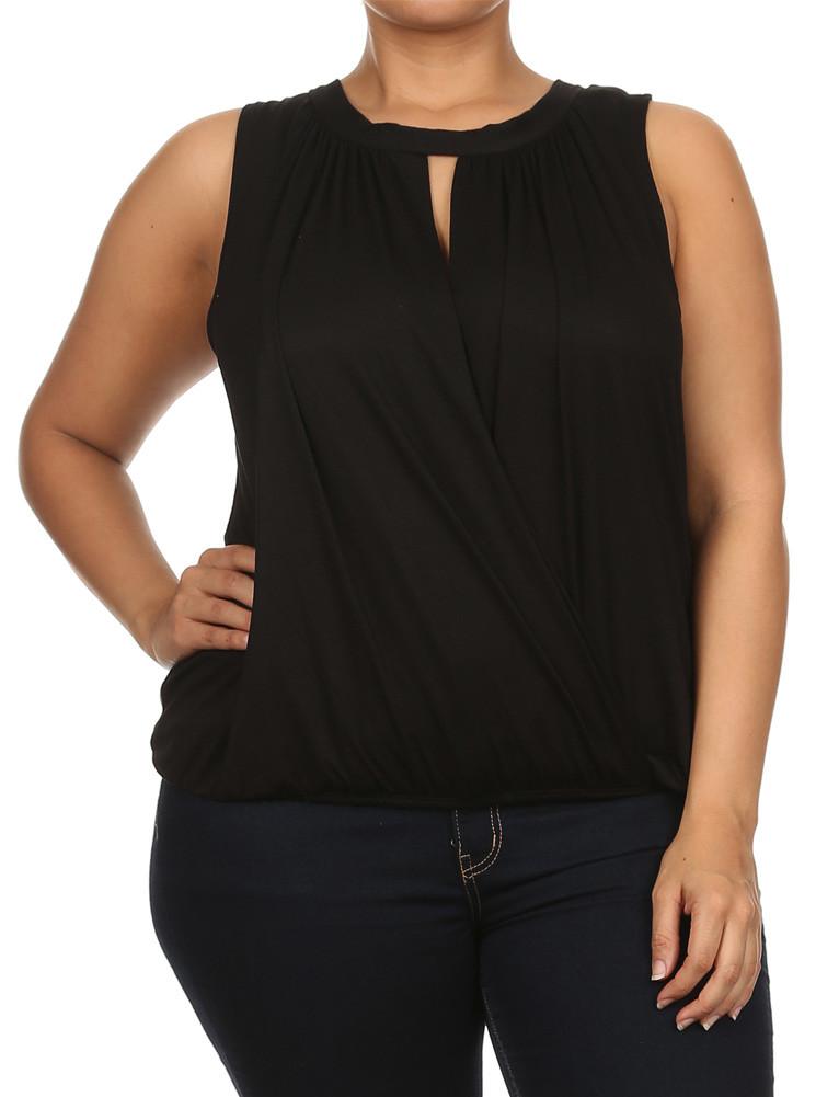 Plus Size Surplice Wrapped Black Blouse