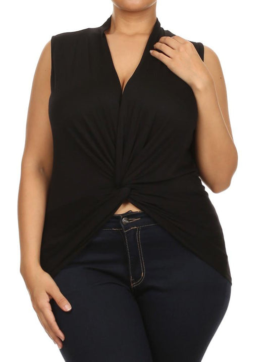 Plus Size Flirty Front Knot Cross Over Black Top