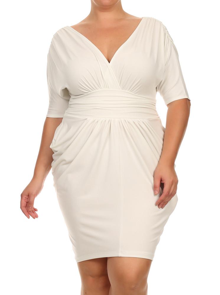 Plus Size Divine V Neck Pleated Off White Dress