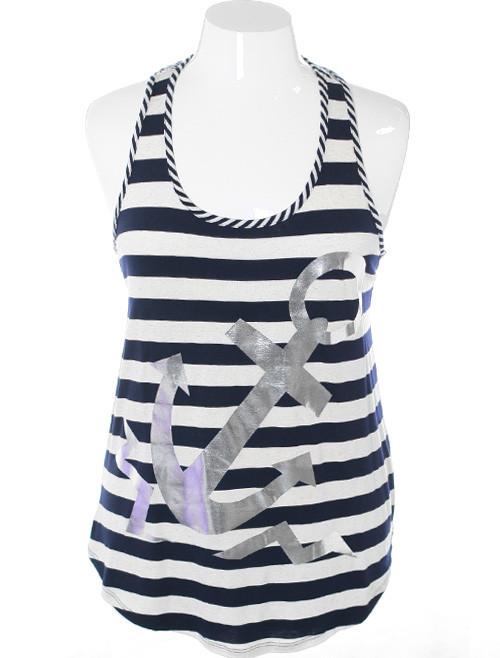 Plus Size Sexy Nautical Anchor Blue Tank