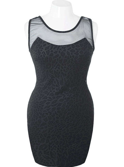 Plus Size Peep Through Leopard Charcoal Dress