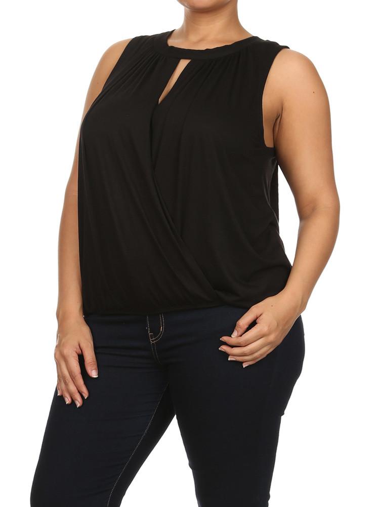 Plus Size Surplice Wrapped Black Blouse