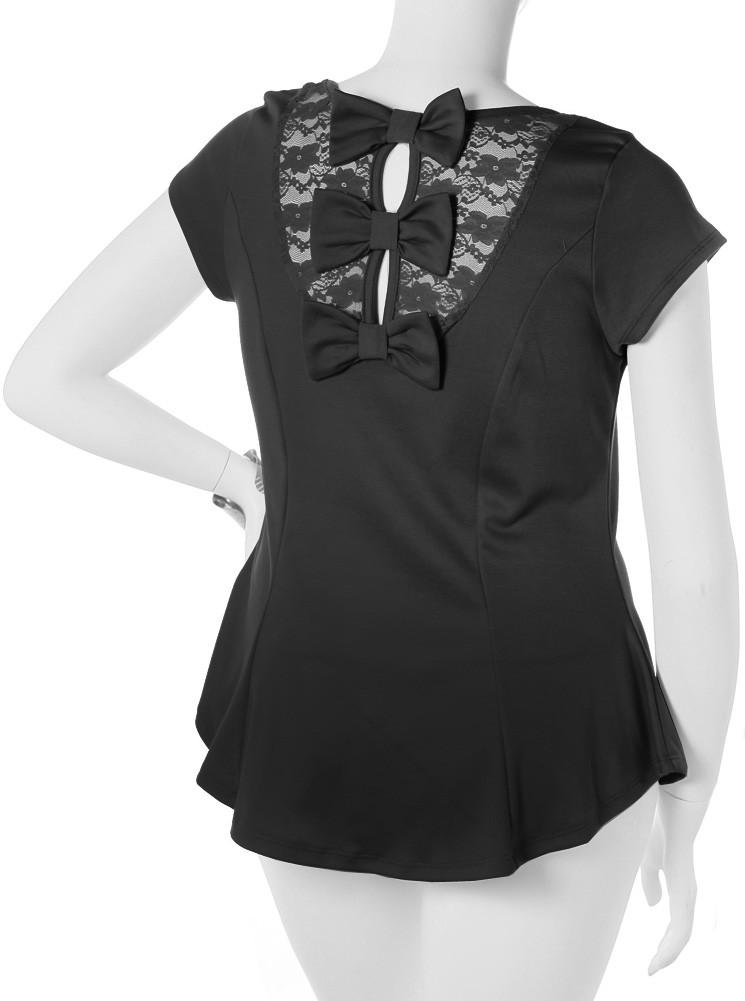 Plus Size Bow See Through Back Black Top