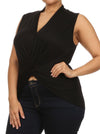 Plus Size Flirty Front Knot Cross Over Black Top