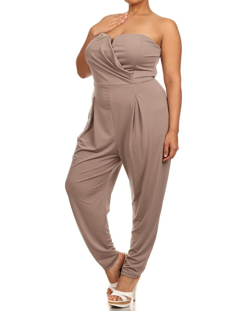 Plus Size Strapless Cross Over Taupe Jumpsuit