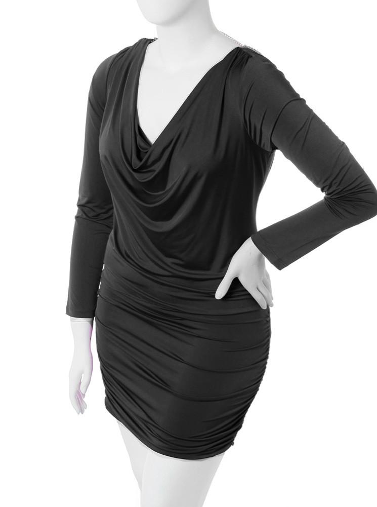 Plus Size Pearl Necklace Cowl Neck Black Dress