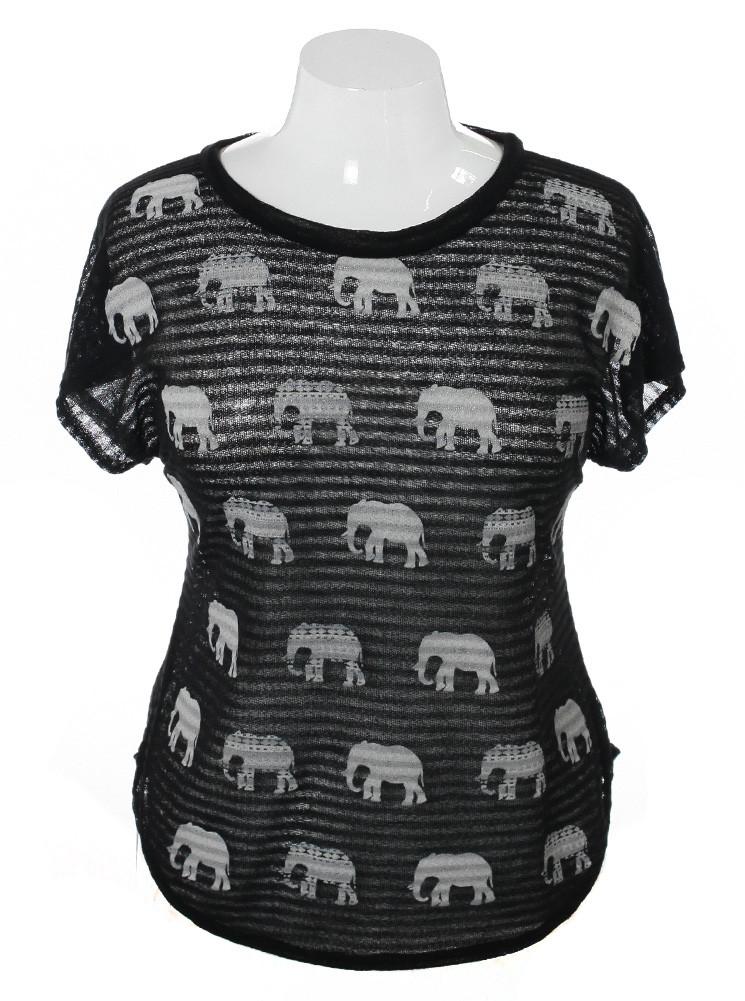 Plus Size See Through Knit Elephant Black Top