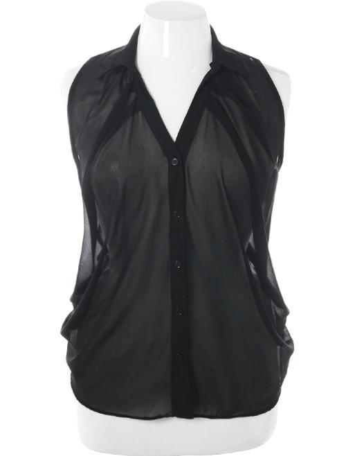 Plus Size Sexy Shear Pleated Black Button Up