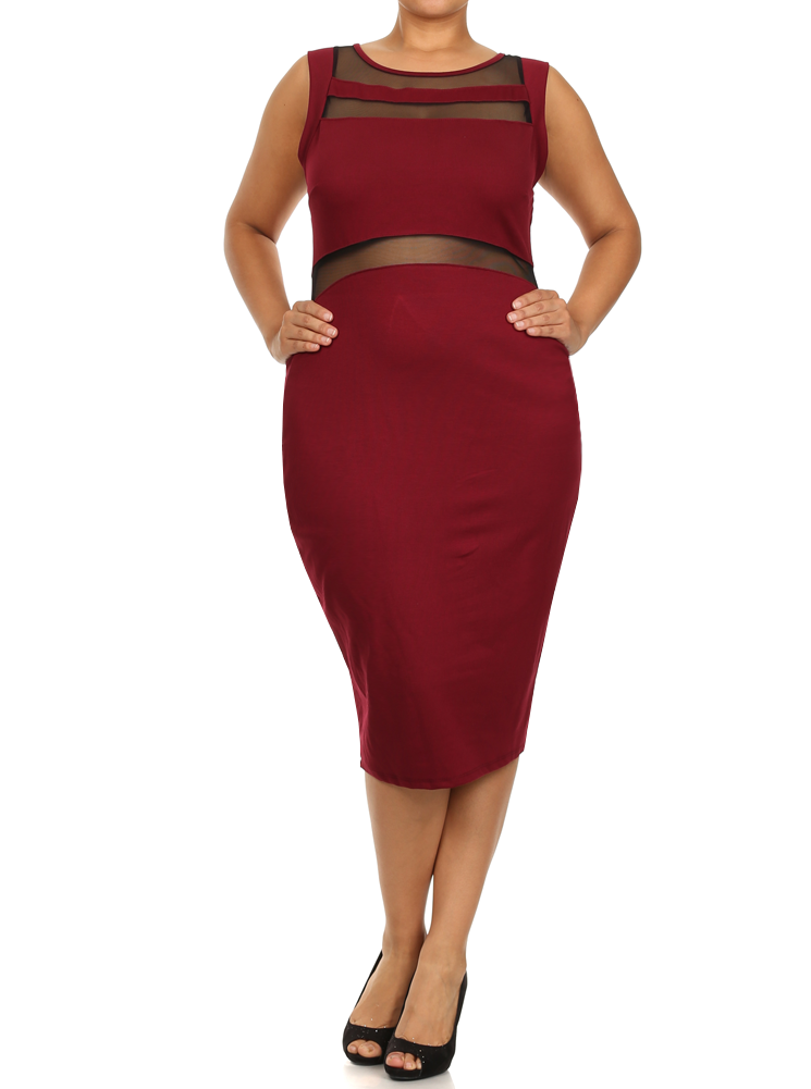 Plus Size Seductive Scuba Mesh Midi Burgundy Dress