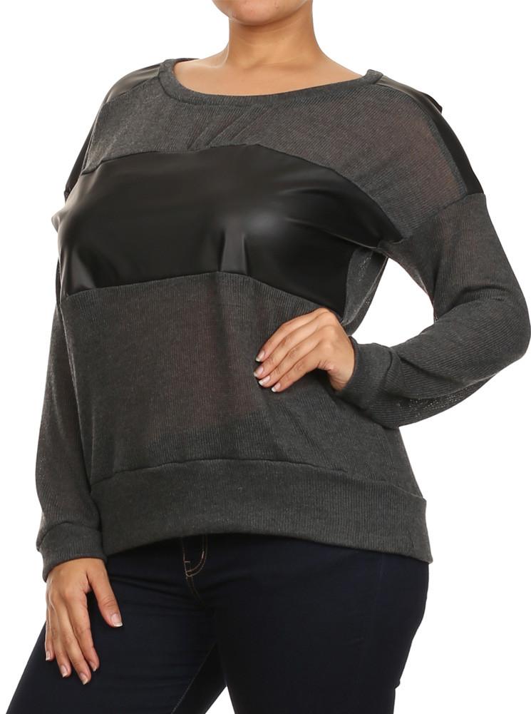 Plus Size Stylish Leather Panel knitted Grey Top