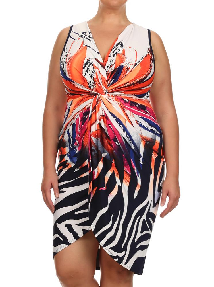 Plus Size Tropical Princess Front Knot Orange Dress