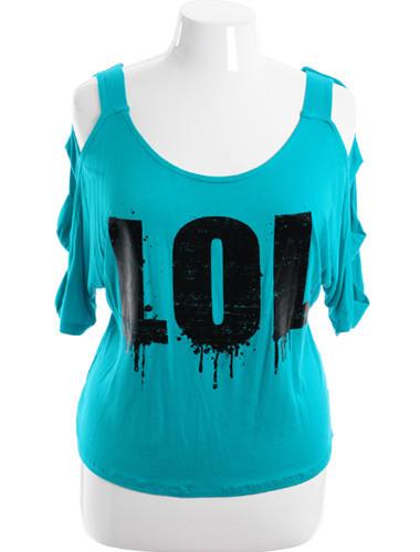 Plus Size Open Shoulder LOL Graphic Blue Top