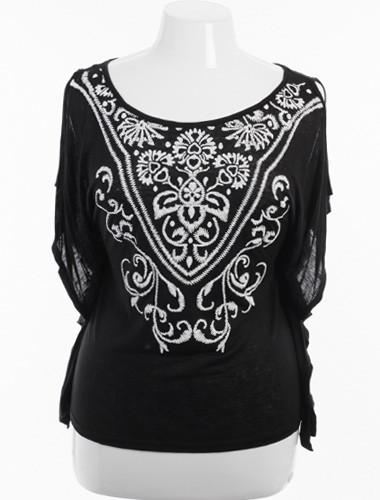 Plus Size Sexy Open Shoulder Embroidered Black Top