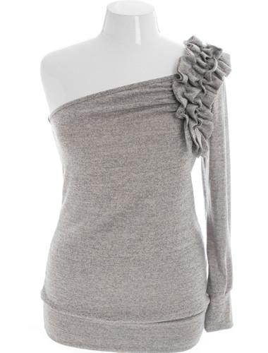 Plus Size Sparkling One Shoulder Ruffled Grey Top