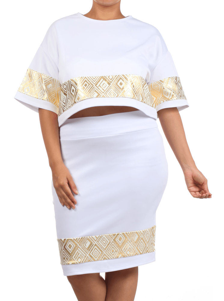 Plus Size Foil Diamond Print Boxy Crop Top White Skirt Set