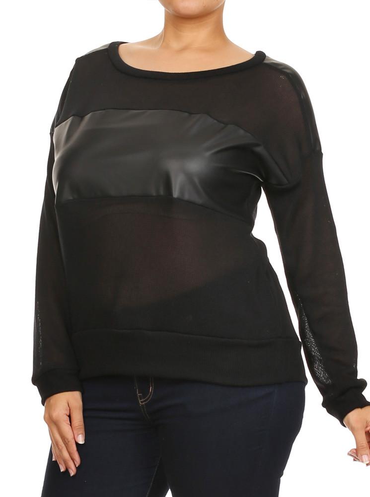 Plus Size Stylish Leather Panel knitted Black Top