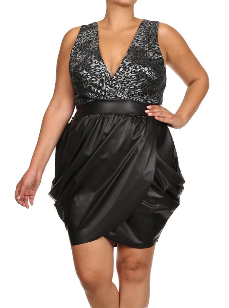 Plus Size Sparkling Leopard Print Leather Bubble Silver Dress