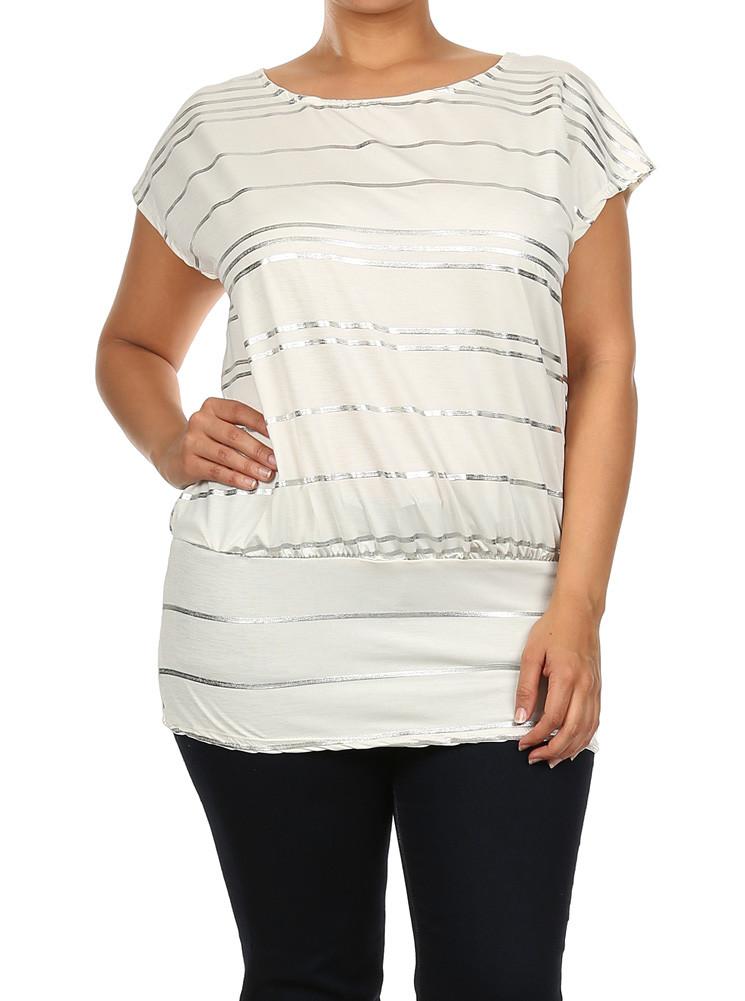 Plus Size Silver Foil Striped Drop Waist White Top