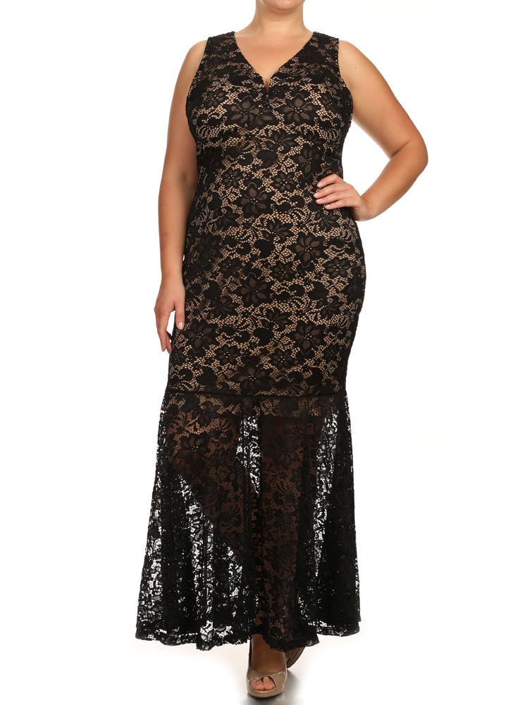 Plus Size Pretty In Floral Crochet Mermaid Maxi Black Dress