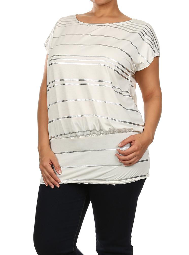 Plus Size Silver Foil Striped Drop Waist White Top