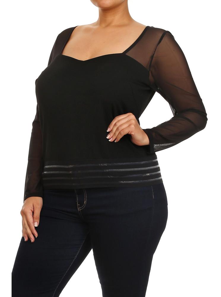 Plus Size Sexy Mesh Striped Top