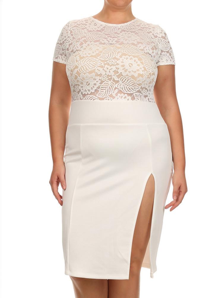 Plus Size Sleek See Through Floral Lace White Dress