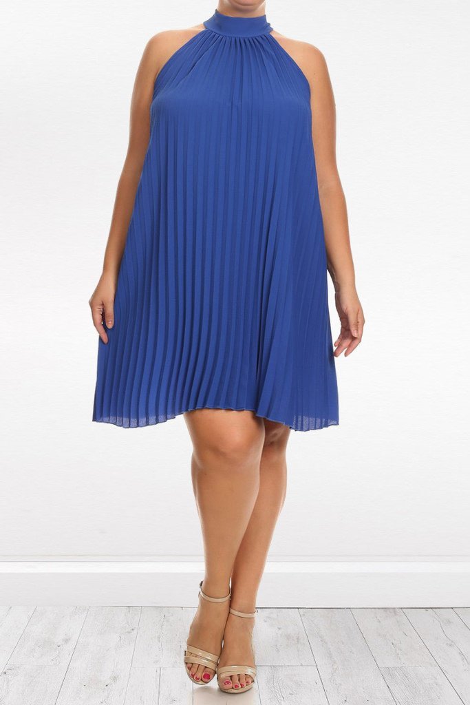 Relaxed Pleated Back Neck Tie Plus Size Dress