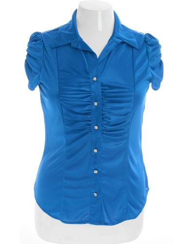 Plus Size Silky Scrunch Diamond Button Blue Top