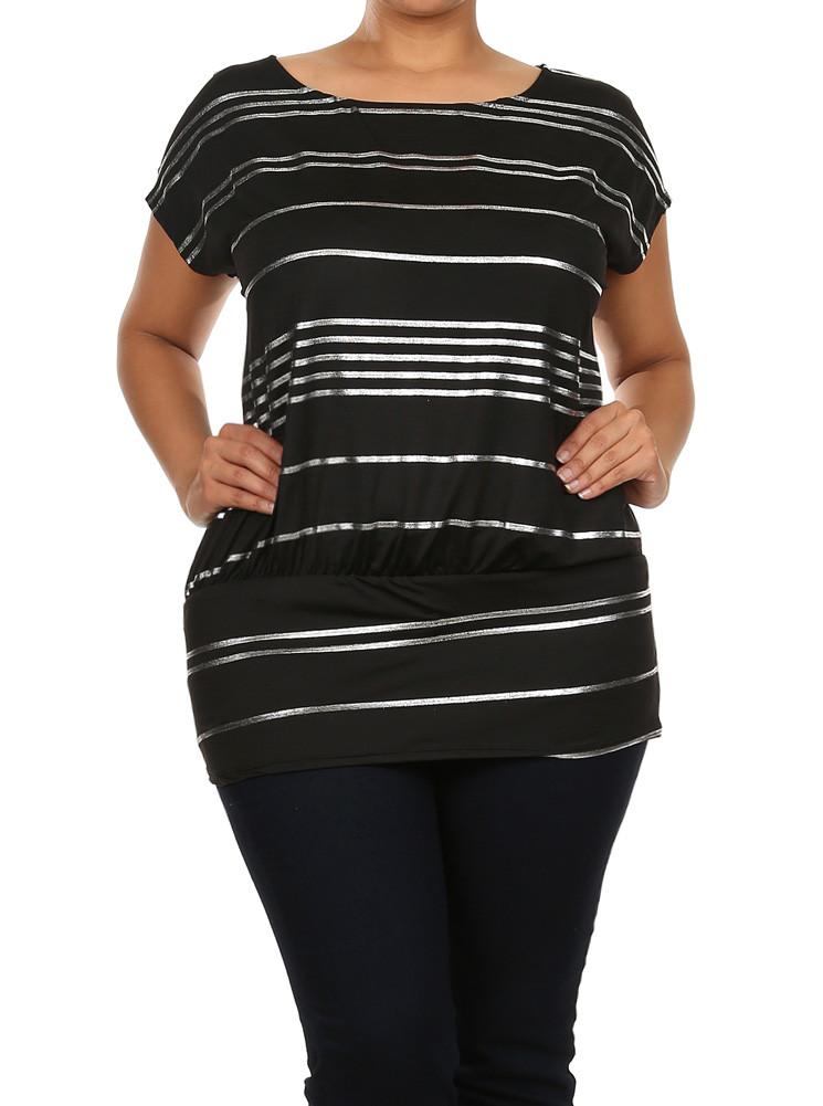 Plus Size Silver Foil Striped Drop Waist Black Top