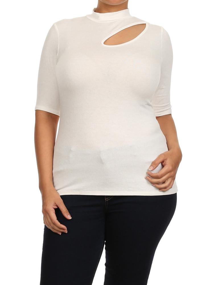 Plus Size Mock Turtle Neck Cut Out White Top