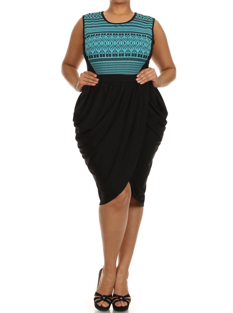 Plus Size Tribal Print V Hem Blue Bubble Skirt Dress