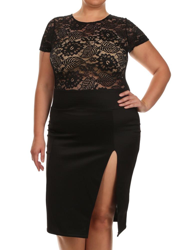 Plus Size Sleek See Through Floral Lace Black Dress