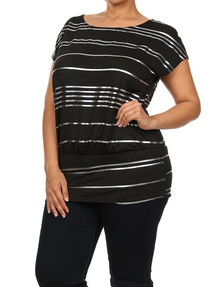 Plus Size Silver Foil Striped Drop Waist Black Top