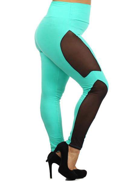 Plus Size High Waist Mesh Teal Leggings